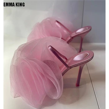 2023 Дамски чехли обувки летни високи токчета сандали окото розово големи цветя мулета обувки марка сватбени обувки за дама