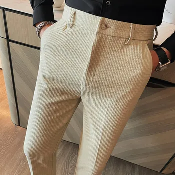Мъжки вафлени панталони Мъжки плътен цвят Slim-fit Business Social Официално облекло Костюм панталони Мъжки банкетни панталони Мъжки панталони