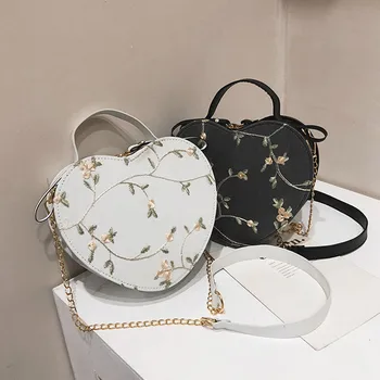Женски сладки дантелени сърца кръгли чанти висококачествени PU кожени кръстосани чанти за жени малки свежи чанти за рамо с цветя