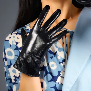 DooWay черна кожа дамски ръкавици естествена кожа овча кожа внесени лъскав мокър поглед къса китка зимата топло шофиране ръкавици