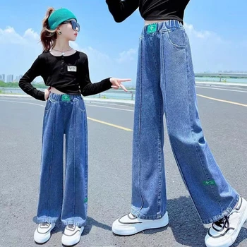 Girls Jeans 2024 Пролет/Есен Еластична талия Улично облекло Деца Широки панталони за крака Тийнейджърски детски училищни дънкови панталони 5-14Years