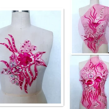 1/2 парчета мъниста булчинска дантела апликация перли дантели плат бродерия шиене апликация 3D цветя сватба мотив