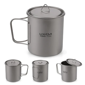 Lixada Комплект съдове за готвене 300ml/350ml/420ml/550ml/650ml/750ml Ultralight Titanium Cup със сгъваема вечеря Spork прибори за къмпинг