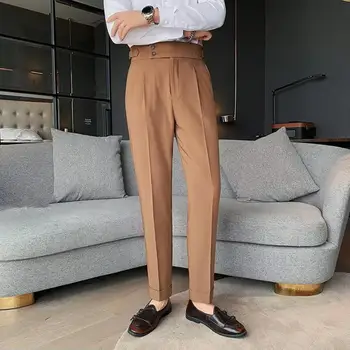 Мъжки панталони прави крака панталони класически мъжки офис панталони тънък годни висока талия реколта джобове за официален бизнес стил