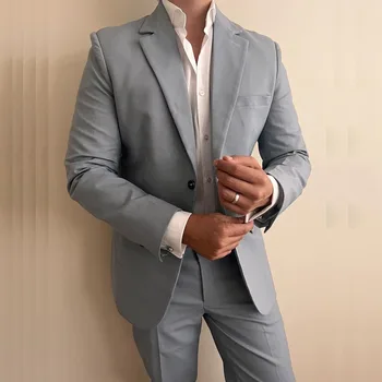 Сиви мъжки костюми Blazer Terno 3 парче яке панталони жилетка тънък годни един реден назъбен ревера бизнес екипировка набор персонализирани