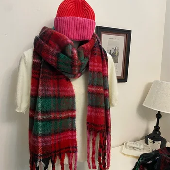 Коледа червено и зелено каре мек пискюл шал дамски зимен мач двойка червен шал със студоустойчив шал с двойно предназначение