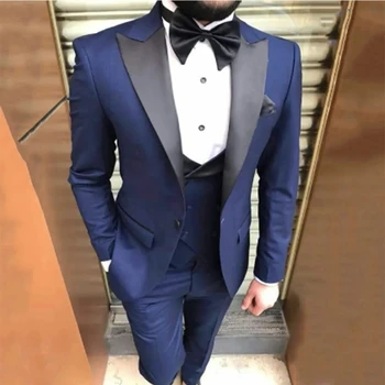 Тъмно сини мъжки костюми Sim Fit Сватбена рокля младоженец смокинг нов черен връх ревера костюм Homme (яке + жилетка + панталони)