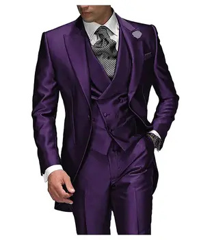 2023 Най-продавани връх ревера двуреден мъже сватбени костюми лилаво младоженец смокинги за мъже абитуриентски костюм Groomsman яке + панталон + жилетка