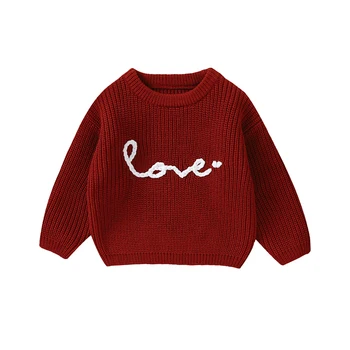 BULINGNA Бебе бебе момиче кабел плета пуловер дълъг ръкав любов цвете бродерия пуловер трикотаж есен зимни дрехи