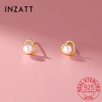 INZATT Real 925 Сребърни перлени сърдечни обеци за жени Класически фини бижута Минималистични аксесоари