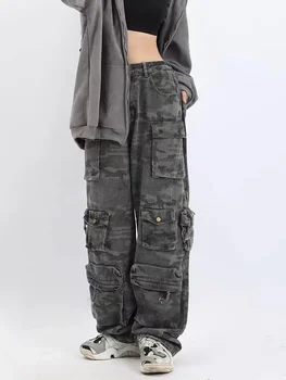 Y2K Американски ретро улична мода камуфлаж гащеризони за мъже и жени висока улица хип-хоп широк крак права тръба ежедневни панталони