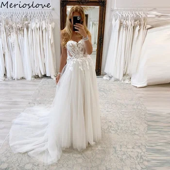 Merioslove Vestido de Noiva Lace Апликации Мъниста Цветя Сватбени рокли Скъпа без ръкави A-Line принцеса сватбена рокля