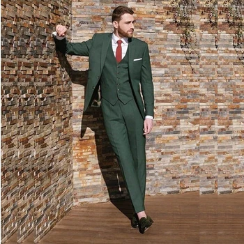 Официален зелен мъжки костюми Terno 3 парче яке панталони жилетка еднореден тънък годни връх ревера луксозен нетактичност пълен комплект Ropa Hombre