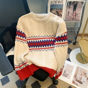 Ретро жакард мек лепкав пуловер цвят съвпадение дебел модел пуловер жените есен/зима хлабав мързелив стил трикотажни отгоре
