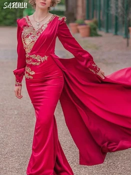 червен V-образно деколте вечерна рокля африкански сатен мъниста дълъг ръкав знаменитост абитуриентски рокля реколта русалка етаж дължина рокля