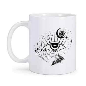 Witch Star Mug Магьосничество Начало Чаша за кафе Чаша за чай Небесни магически икони комплект с ръце за астрология Съдове за пиене 11 oz