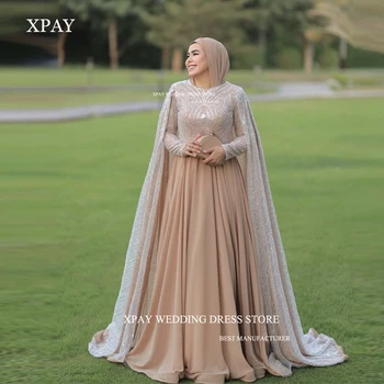 XPAY Glitter дантела мюсюлмански арабски вечерни рокли шампанско дълъг нос ръкави O-образно деколте официален абитуриентски Occcasion рокля сватбено парти