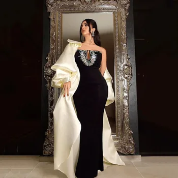 Aleeshuo Елегантна черна официална абитуриентска рокля русалка кристал мъниста дълги ръкави вечерна рокля без презрамки Arabia парти рокли Дубай