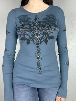 Дамски есенни ежедневни готически върхове сини дълъг ръкав кристал модел печат тънък тениска
