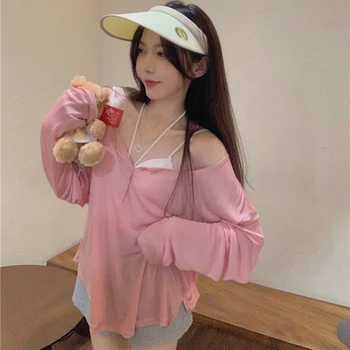Сив розов тънък слънцезащитен тениска комплект дамски дрехи дълъг ръкав корейски мода пуловер плетива дами извънгабаритни върхове пролет есен