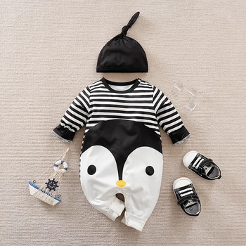 Новородени дрехи сладък карикатура пингвин печат удобни и меки пролетта и есента дълъг ръкав 0-18m бебе гащеризон + шапка