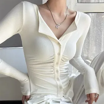 Hot Girl Sweetheart Sexy Deep V-образно деколте с дълъг ръкав Bottoming Shirt 2023 Есенен сандък Плисирана гърда ревера плътен цвят тениска