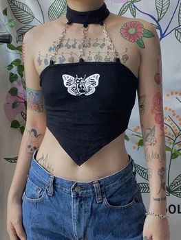 Grunge Mall Gothic Choker Halter Crop Top Жени Butterfly Print Мършав Секси Camisole Dark Academia Summer Tops Ретро