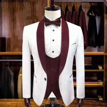 Мъжки костюми 2 броя Ежедневни сватбени смокинги Slim Fit Hot Продажба Палто Панталон Шал Ревера Groomsmen Blazer Party (Blazer + Vest)