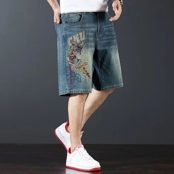 Лято бродирани сплит дънкови шорти мъжки хлабав прав средата панталони тънък стил каубой плюс размер 42 44