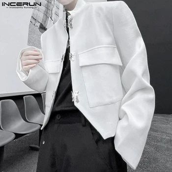 Мода Casual стил върховете INCERUN нов мъжки пеперуда бутон метален дизайн блейзъри мъжки твърди дълъг ръкав костюм палта S-5XL 2023