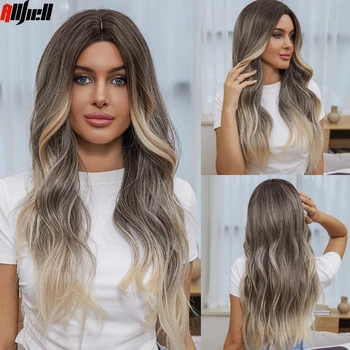 Blonde Brown Hairline Lace Synthetic Wigs Long Natural Wavy Lace Wig Middle Part Hair for Women Daily Cosplay Use Heat Resistant