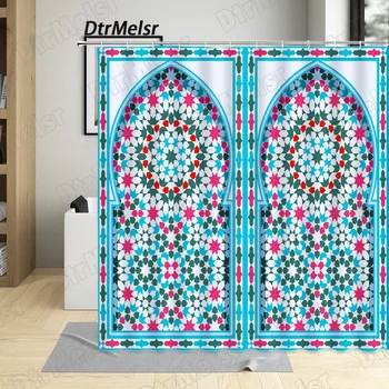 Реколта синьо марокански врата душ завеса творчески Boho етнически флорални завеси за баня мода плат печат Начало баня декор комплект