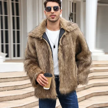 Мъже Faux Fox кожено яке палто зимни дебели пухкави дълъг ръкав ревера топло рошав връхни дрехи луксозно кожено яке Bontjas якета Мъжки