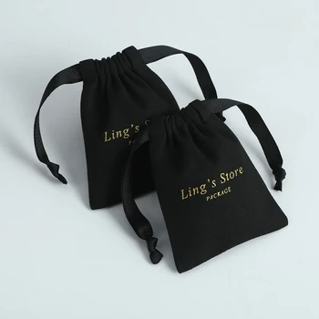50 Черно дебело памучно платно шнур торбички персонализирани бижута опаковка чанта шик сватба полза чанти10А чанти печат