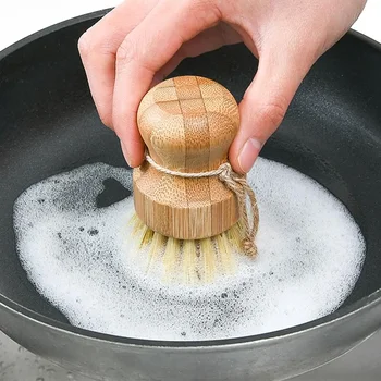 Mini Palm Pot Brush Bamboo Round Scrub Brush Natural Scrub Brush Wet Cleaning Scrubber for Kitchen Wash Dishes Pots Vegetables