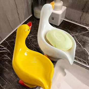 1pc Creative Cute Dish, керамична тава с форма на патица, самоизточваща се сапунена стойка Soap Rack For BathroomАксесоари за баня