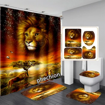 phechion 3D печат животински колаж лъв душ завеса водоустойчива баня завеса против хлъзгане баня мат комплект тоалетни килими килим VR199