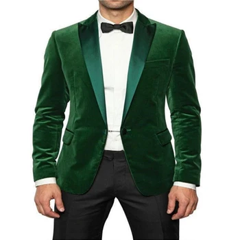 Green Velvet Smoking Men Suits 2024 Slim fit Сватба младоженец смокинг 2 парче вечеря яке с черни панталони мъжки моден костюм
