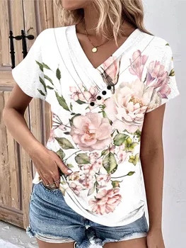 Лято V-образно деколте бутон отпечатани бели дамски тениска мода цветен печат случайни къс ръкав T ризи женски елегантен офис върховете