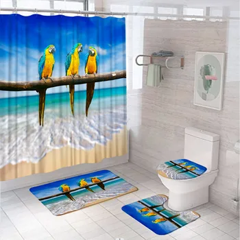 Parrot Sea Beach душ завеса комплекти нехлъзгащ килим тоалетна капак капак баня мат морски океан птица животински пейзажи баня