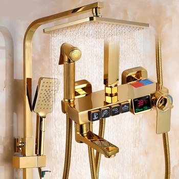 Златен душ комплект Баня Интелигентна цифрова душ система Стенен монтаж Термостатичен кран за вана СПА Дъждовна вана LED кран пълен комплект