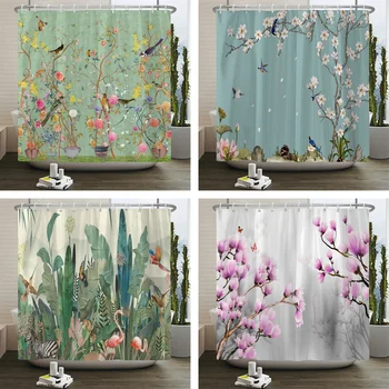 Растителни цветя и птици душ завеса отпечатани модерен минималистичен стил Polyster плат Начало декор баня завеса с куки