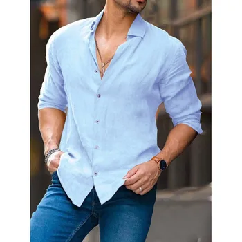 2023 Нова есенна мъжка риза случайни пълен ръкав бутон улично облекло ревера плътен цвят бельо ризи за мъжки реколта блуза върховете