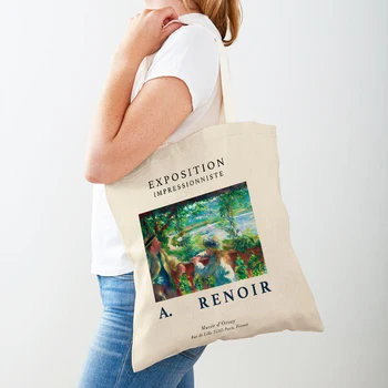 Импресионист Огюст Реноар Фигуративна голяма пазарска чанта Мода Случайни ретро дама пазарска чанта И двете страни Жени Чанти за пазаруване