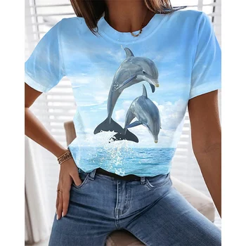 Sea Animal 3D печат тениски Жените чайка делфин графика Y2k улично облекло извънгабаритни O-образно деколте T риза момиче женски върхове Tees дрехи