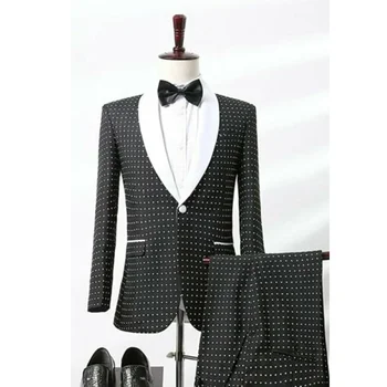 Fashion Dot Suits for Men Черен класически шал ревера с един бутон мъжки костюм Slim Fit Prom Party Сватбен смокинг (Blazer + Pants) 2023