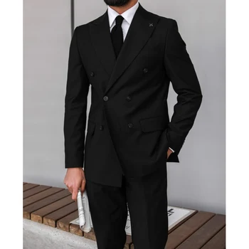  Черни костюми за мъже Blazer Terno Double Breasted Peaked Lapel Редовен костюм Сватба Луксозно облекло 2 Piece Jacket Pants