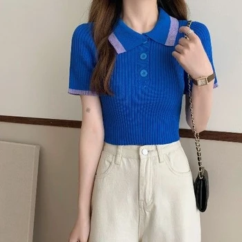 Blue Summer Slim Sports Street Wear Girl Women Tank Top Ribber Knit T Shirt Tank Трикотажни върхове Корейски Crop джаз дрехи блуза