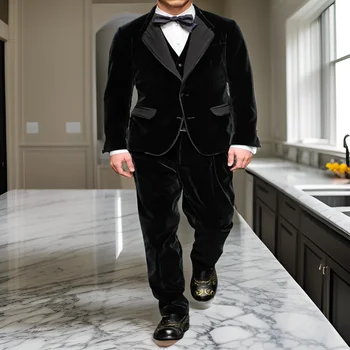 Black Velvet Men Suits for Evening Prom Wedding Groom Tuxedo 2024 3 броя мъжка мода зимна вечеря (яке + панталони + жилетка)