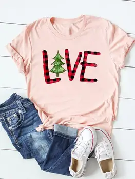 Plaid Love Letter Trend Holiday Print Top Women Female Christmas Fashion T Shirt Clothes Graphic T-shirt Ladies Clothing Tee